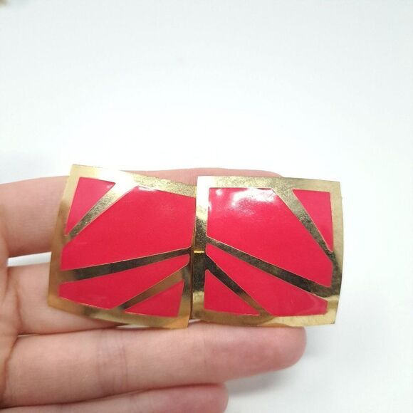 Vintage Red Ename and Gold Tone Square Clip On Earrings, Bold Retro 80s Style - Picture 5 of 5